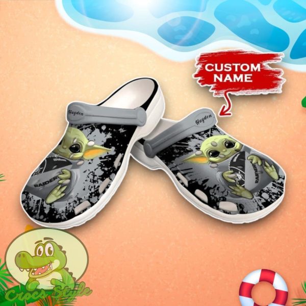 Baby Yoda Hug Las Vegas Raiders Crocs Custom Name Edition Clog Shoes