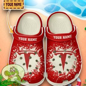 Tesla Logo Red And White Painting Crocs Custom Name Edition Classic Clogs Shoes