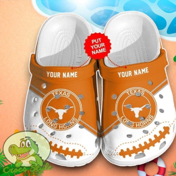 Texas Longhorns Pattern Crocs Custom Name Edition Classic Clogs Shoes In White And Orange